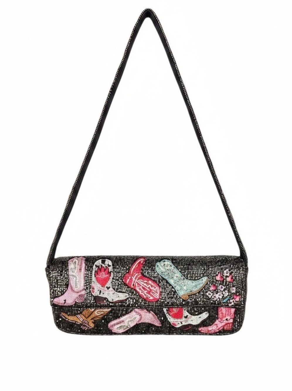 Western Beaded Shoulder Clutch in Black and Pink